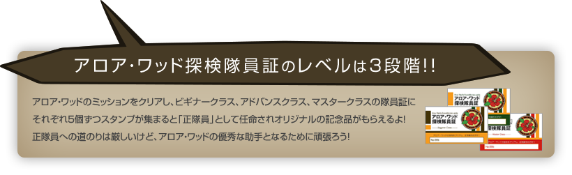 アロア・ワッド探検隊員証のレベルは3段階！！：アロア・ワッドのミッションをクリアし、ビギナークラス、アドバンスクラス、マスタークラスの隊員証にそれぞれ５個ずつスタンプが集まると「正隊員」として任命されオリジナルの記念品がもらえるよ！正隊員への道のりは厳しいけど、アロア・ワッドの優秀な助手となるために頑張ろう！